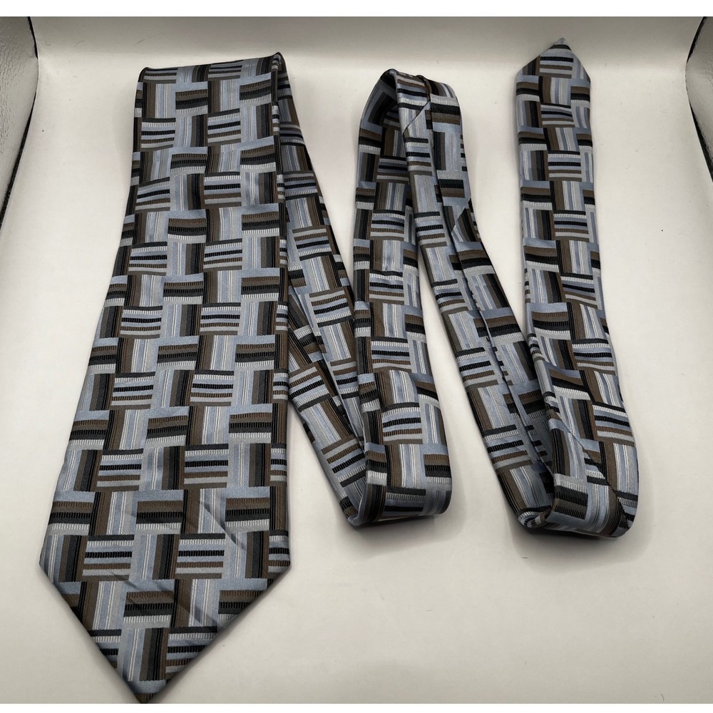 Paul Dione‎ Mens Silk Geometric Pattern Necktie Blue Brown Black
